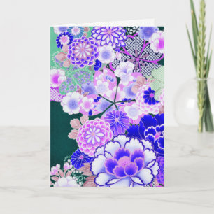 PINK BLUE FLOWERS Peony,Roses Japanese Floral Holiday Card