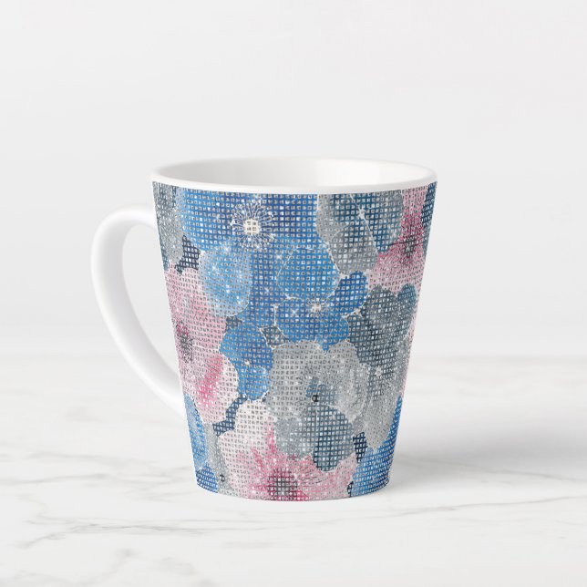 Pink Blue Flowers Sparkle Latte Mug (Left Angle)