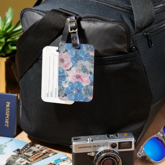Pink Blue Flowers Sparkle Luggage Tag (Front & Back)