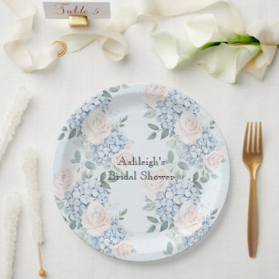 Pink Blue Flowers Stripes Bridal Shower Paper Plate