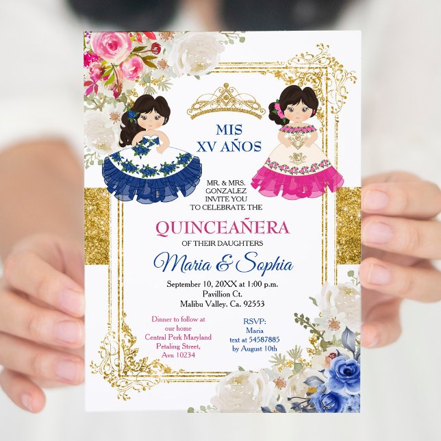 Pink & Blue Flowers Twin Quinceanera  Invitation (Creator Uploaded)