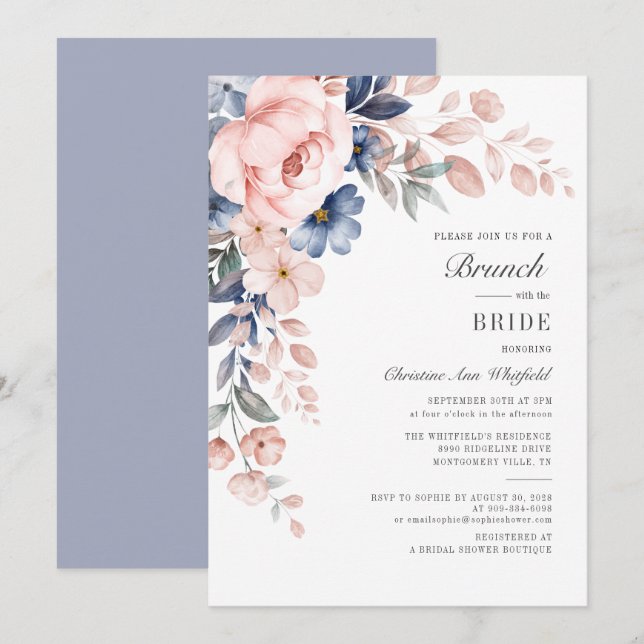 Pink Blue Flowers Watercolor Floral Bridal Brunch Invitation (Front/Back)