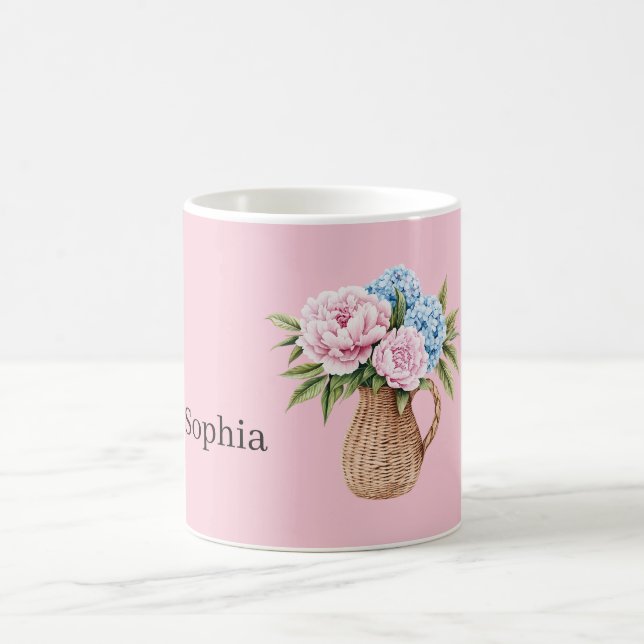 Pink Blue Flowers Woven Basket Coffee Mug (Center)