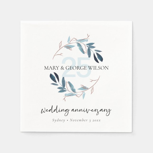 PINK BLUE FOLIAGE WREATH ANY YEAR 25 ANNIVERSARY NAPKIN (Front)