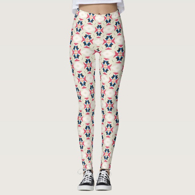 Pink Blue Folk Geometric Tile Pattern Leggings (Front)