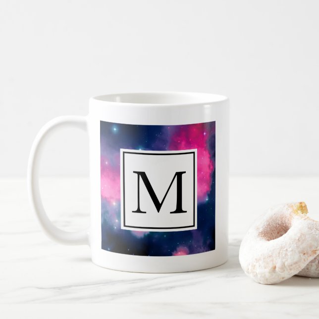 Pink & Blue Galaxy Nebula & Stars Abstract Coffee Mug (With Donut)