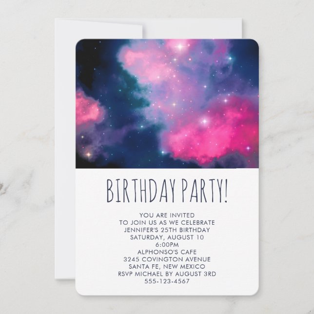 Pink & Blue Galaxy & Stars Abstract Birthday Invitation (Front)