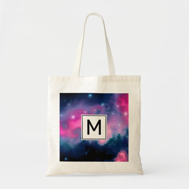 Pink & Blue Galaxy & Stars Abstract Monogram Tote Bag (Front)