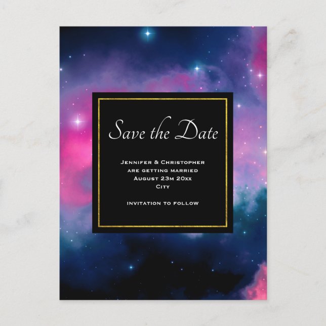 Pink & Blue Galaxy & Stars Abstract Save the Date Postcard (Front)