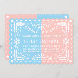 Pink, blue gender reveal papel picado baby shower invitation