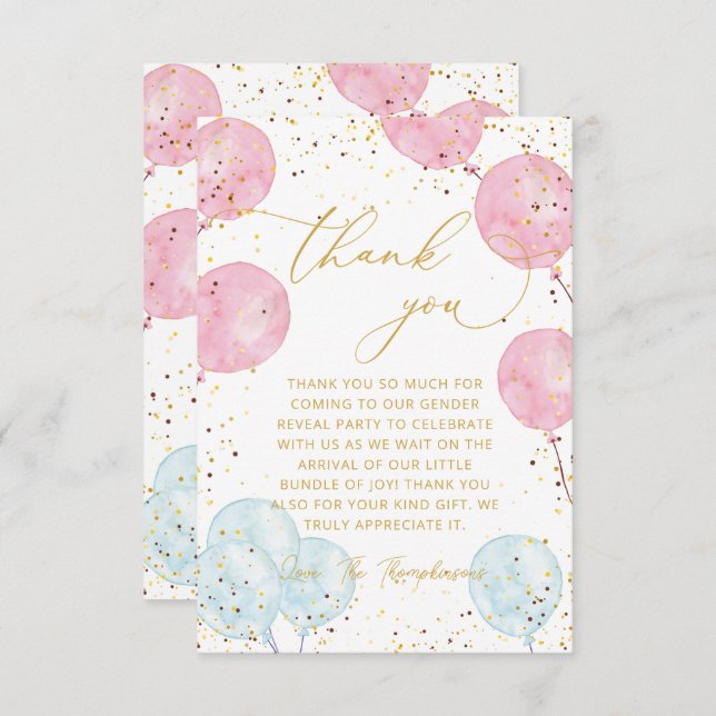 Pink Blue Gender Reveal Thank You Note Card (Front/Back)