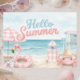 Pink Blue Gingham Hello Summer Beach Coastal Postcard