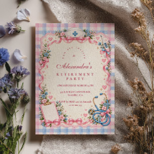 Pink Blue Gingham Nurse Retirement Invitation