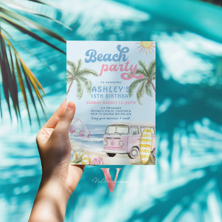 Pink Blue Girl Kid Beach Birthday Party Invitation