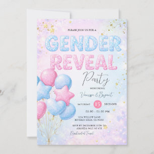 Pink & Blue Glitter Balloon Gender Reveal Party Invitation