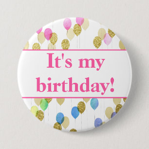 Pink Blue Glitter Balloons It's My Birthday 7.5 Cm Round Badge