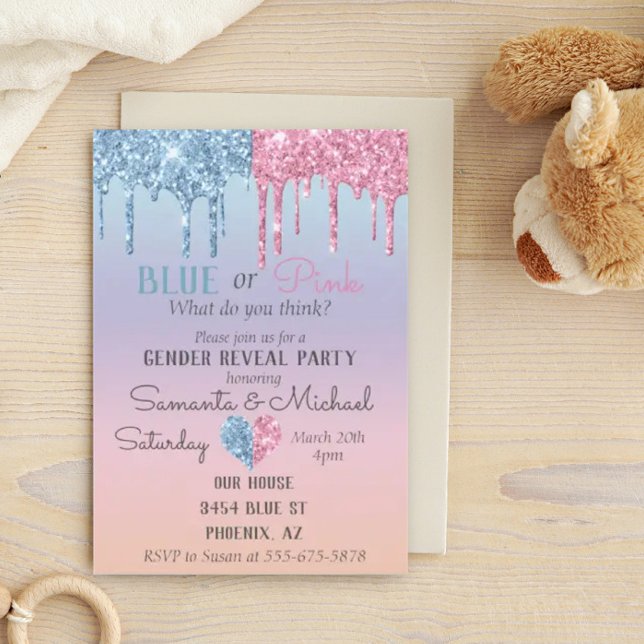 Pink Blue Glitter Drips Sparkle Glam Gender Reveal Invitation (Creator Uploaded)
