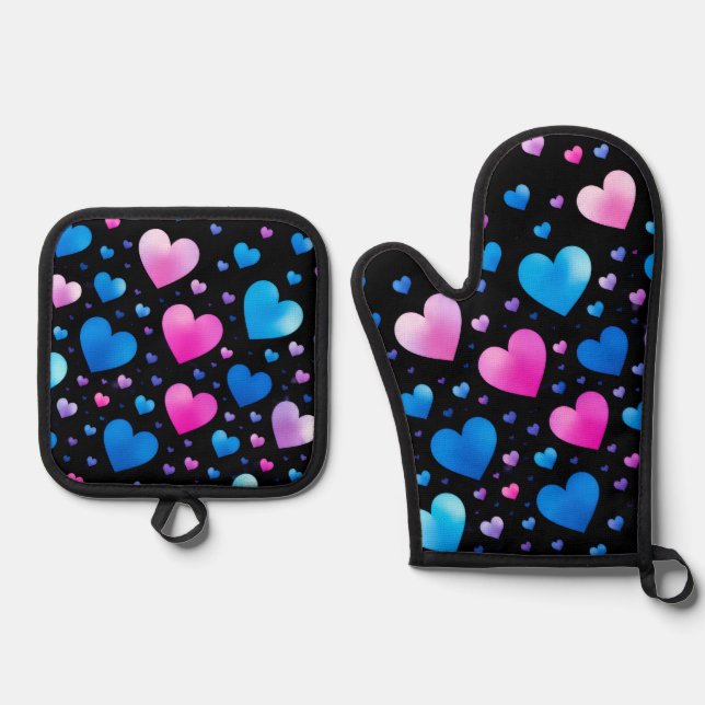 Pink & Blue Glowing Hearts  Oven Mitt & Pot Holder Set (Front)