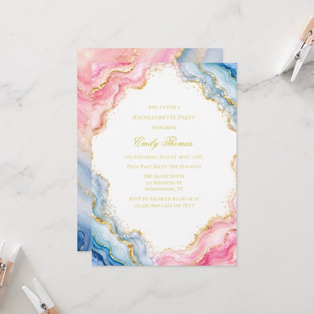 Pink Blue Gold Agate Bachelorette Party Invitation (Front/Back In Situ)