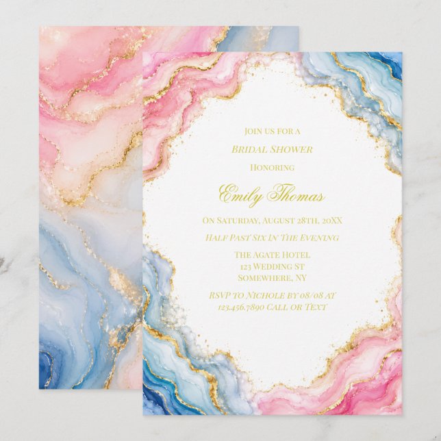 Pink Blue Gold Agate Bridal Shower Invitation (Front/Back)