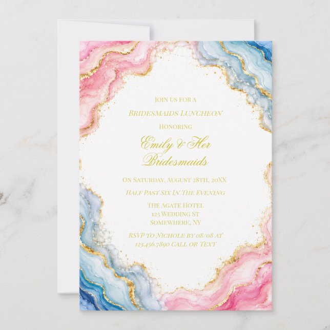 Pink Blue Gold Agate Bridesmaids Luncheon Invitation (Front)