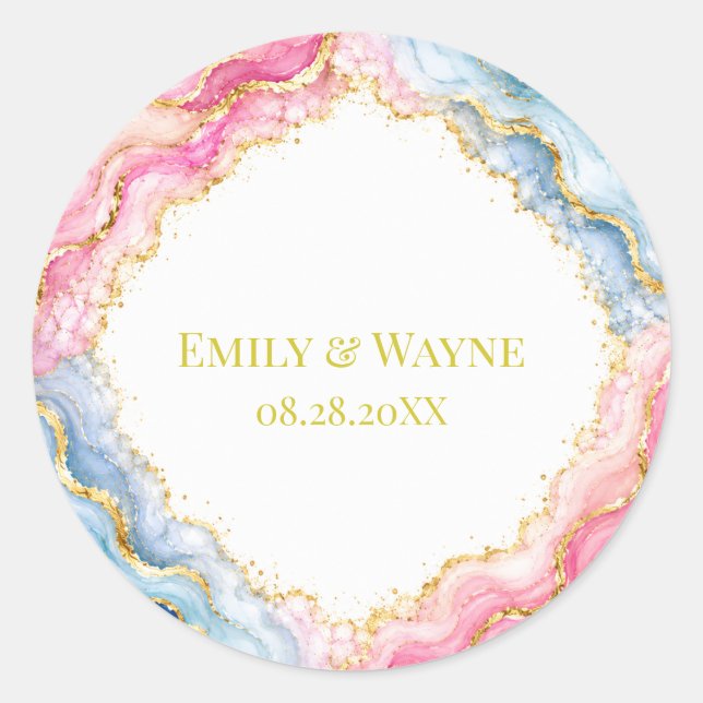 Pink Blue Gold Agate Wedding Classic Round Sticker (Front)