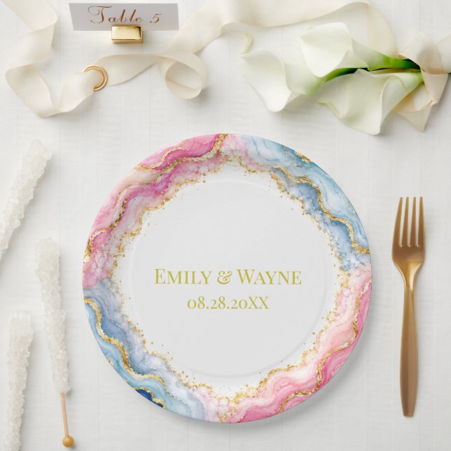 Pink Blue Gold Agate Wedding Paper Plate (Wedding)