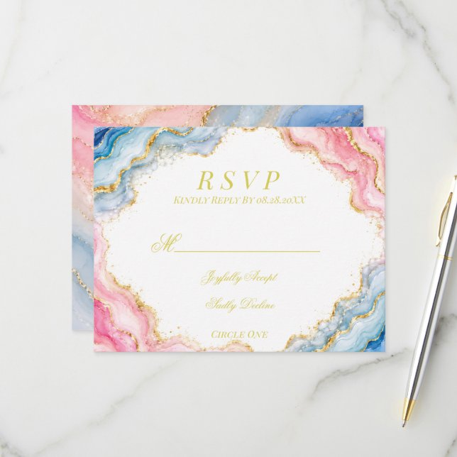 Pink Blue Gold Agate Wedding RSVP Card (Front/Back In Situ)