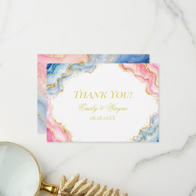 Pink Blue Gold Agate Wedding Thank You Card (Front/Back In Situ)