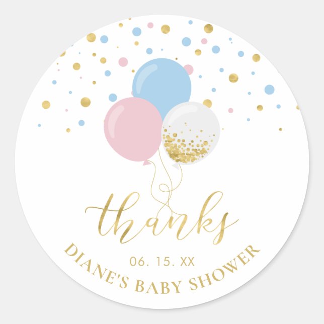 Pink, Blue, & Gold Balloons Baby Shower Favour Classic Round Sticker (Front)