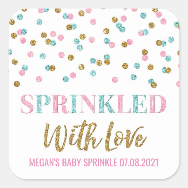 Pink Blue Gold Confetti Sprinkled with Love Square Sticker (Front)