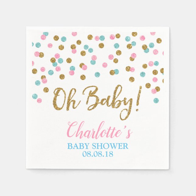 Pink Blue Gold Dots Gender Reveal Baby Shower Napkin (Front)