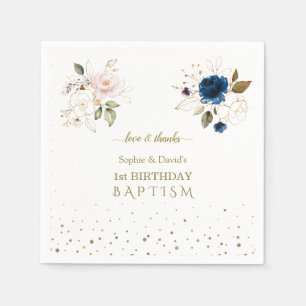 Pink Blue Gold Flowers Twins 1st Birthday Baptism Napkin