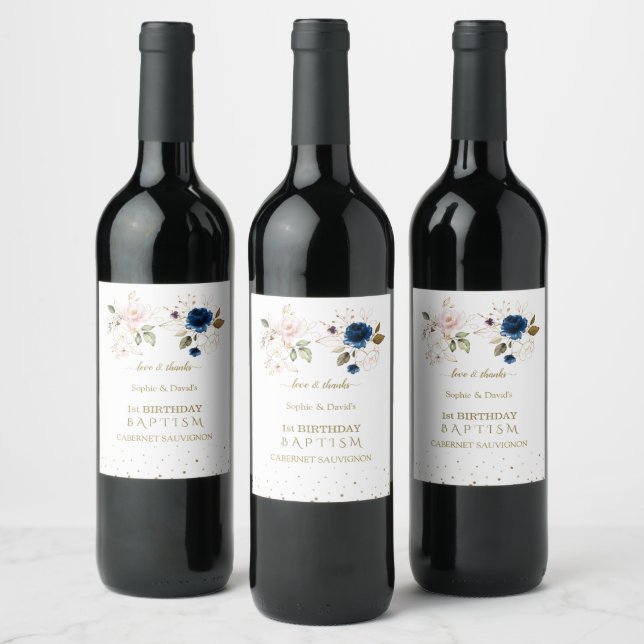 Pink Blue Gold Flowers Twins 1st Birthday Baptism Wine Label (Bottles)