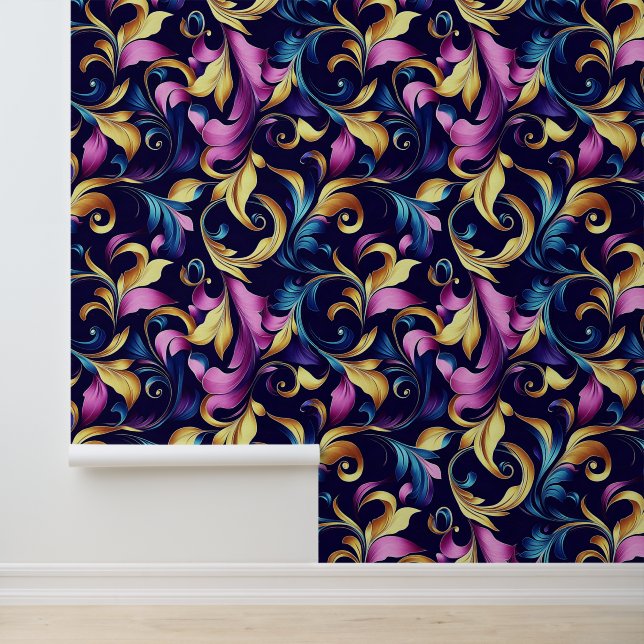 Pink, Blue, Gold, Leaf Swirl Pattern Wallpaper (Application)