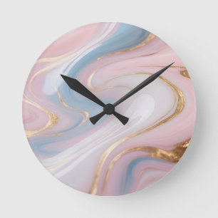 Pink Blue Gold Marble Swirl Abstract Round Clock