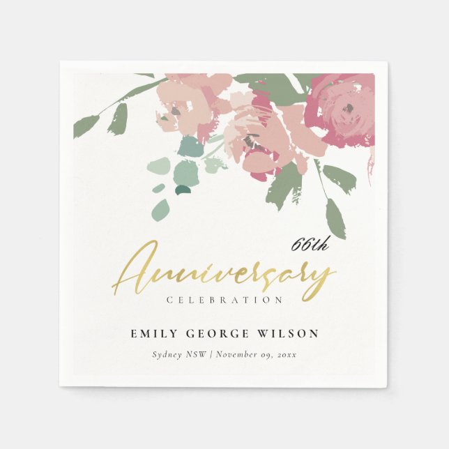 PINK BLUE GOLD PEONY FLORAL ANY YEAR ANNIVERSARY NAPKIN (Front)