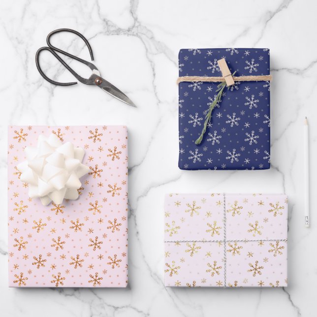 Pink Blue Gold Snowflake Pattern Christmas Wrapping Paper Sheet (Front)