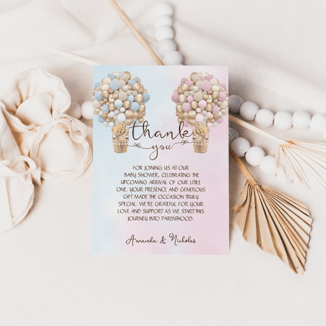 Pink Blue Gold Teddy Bear Gender Reveal Thank You Card (Creator Uploaded)