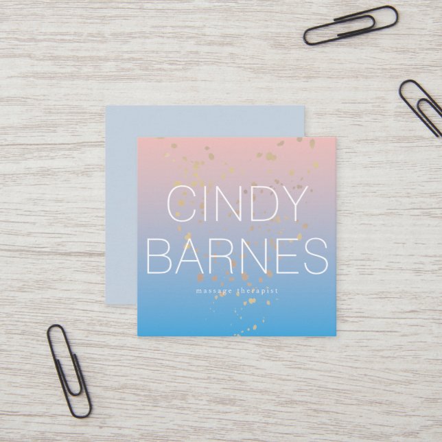 Pink Blue Gradient Gold Glitter Sq. Business Card (Front/Back In Situ)