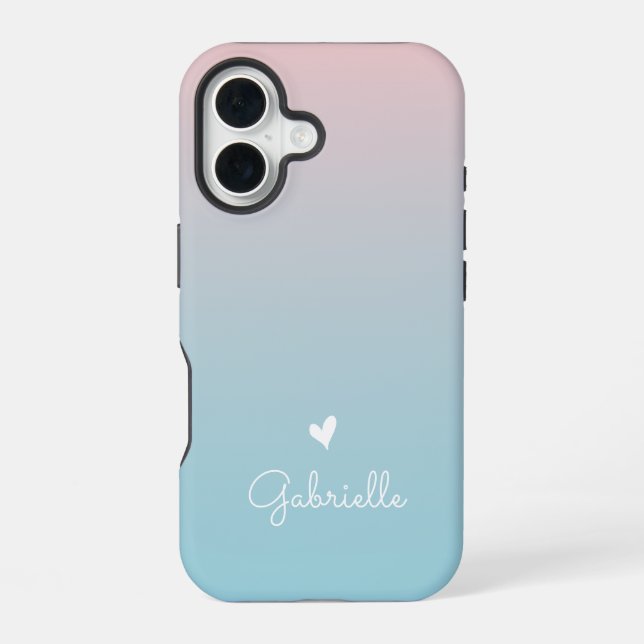 Pink Blue Gradient Heart with Minimal Script Name iPhone 16 Case (Back)