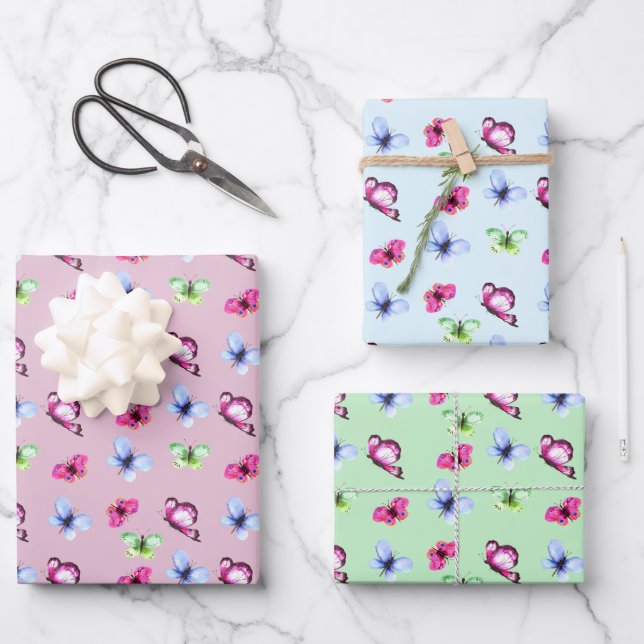 Pink Blue Green Butterfly Baby Shower Birthday Wrapping Paper Sheet (Front)