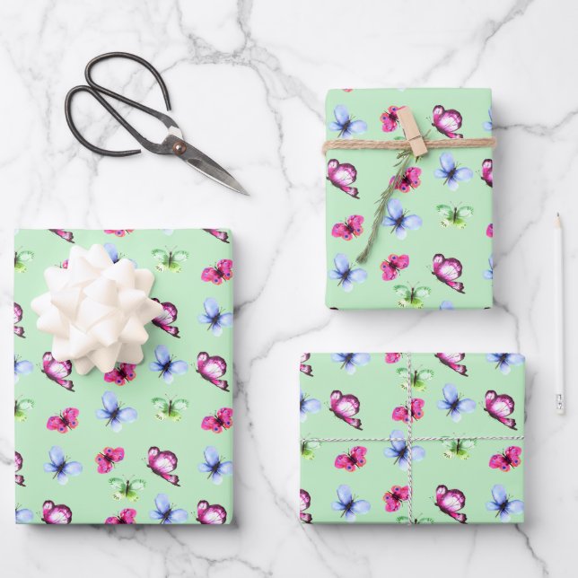 Pink Blue Green Butterfly Baby Shower Birthday Wrapping Paper Sheet (Front)