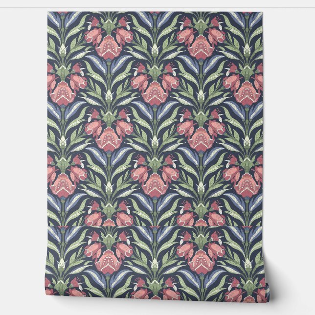 Pink Blue Green Floral Art Nouveau Wallpaper (Unrolling)