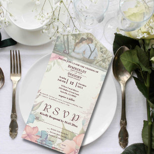 Pink Blue Green Floral Couple Photo All In One Invitation