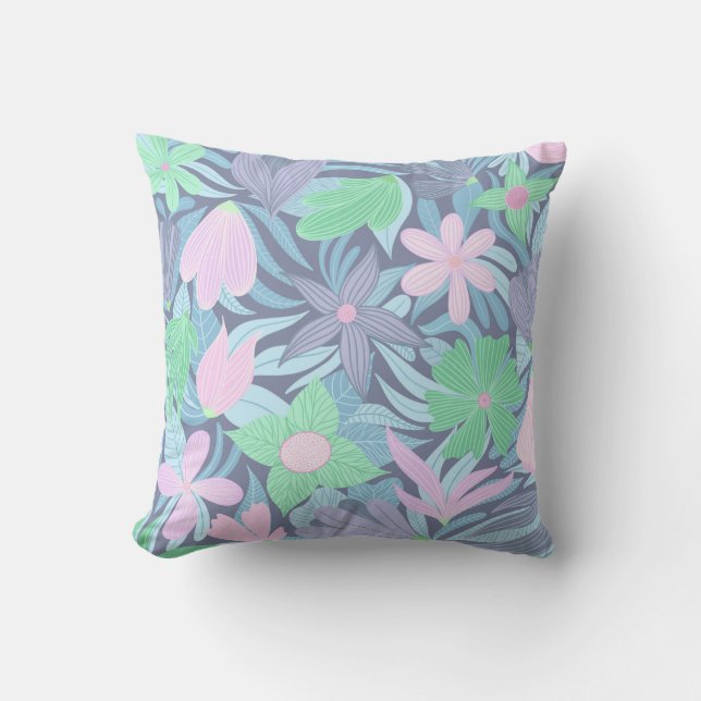 Pink Blue Green Floral Illustration Pattern Cushion (Front)