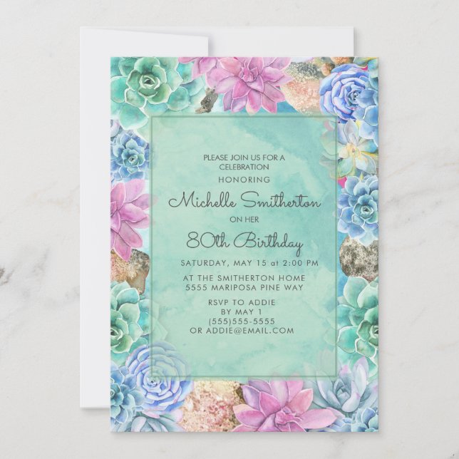 Pink Blue Green Floral Succulents 80th Birthday Invitation (Front)