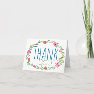 Pink Blue Green Floral Watercolor Wreath Thank You Card