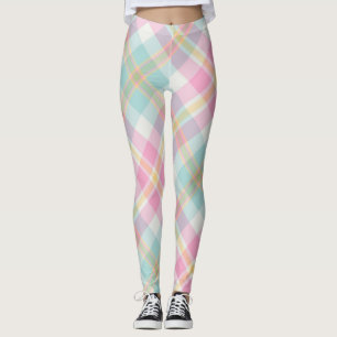 Pink, Blue, Green & Golden Plaid Pattern Leggings