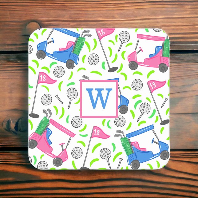 Pink Blue Green Golf Preppy Initial Square Paper Coaster (Creator Uploaded)